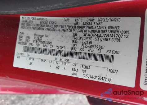 2011 Ford Fiesta Se from USA, damaged, VIN 3FADP4BJ7BM170713